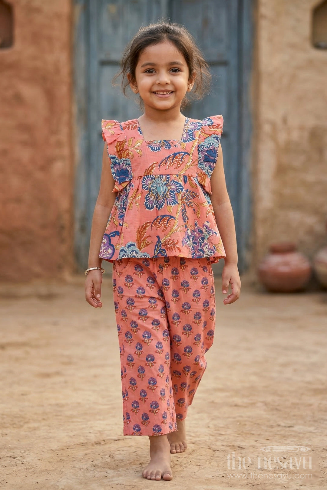 The Nesavu Girls Co-Ord Sets Girls Cotton Co Ord Set for Travel and Playdates Nesavu 16 (1Y) / Orange / Cotton GCS006A-16 Nesavu Girls Printed Cotton Co Ord Set With Digital Print For Travel Playdates And Casual Outings