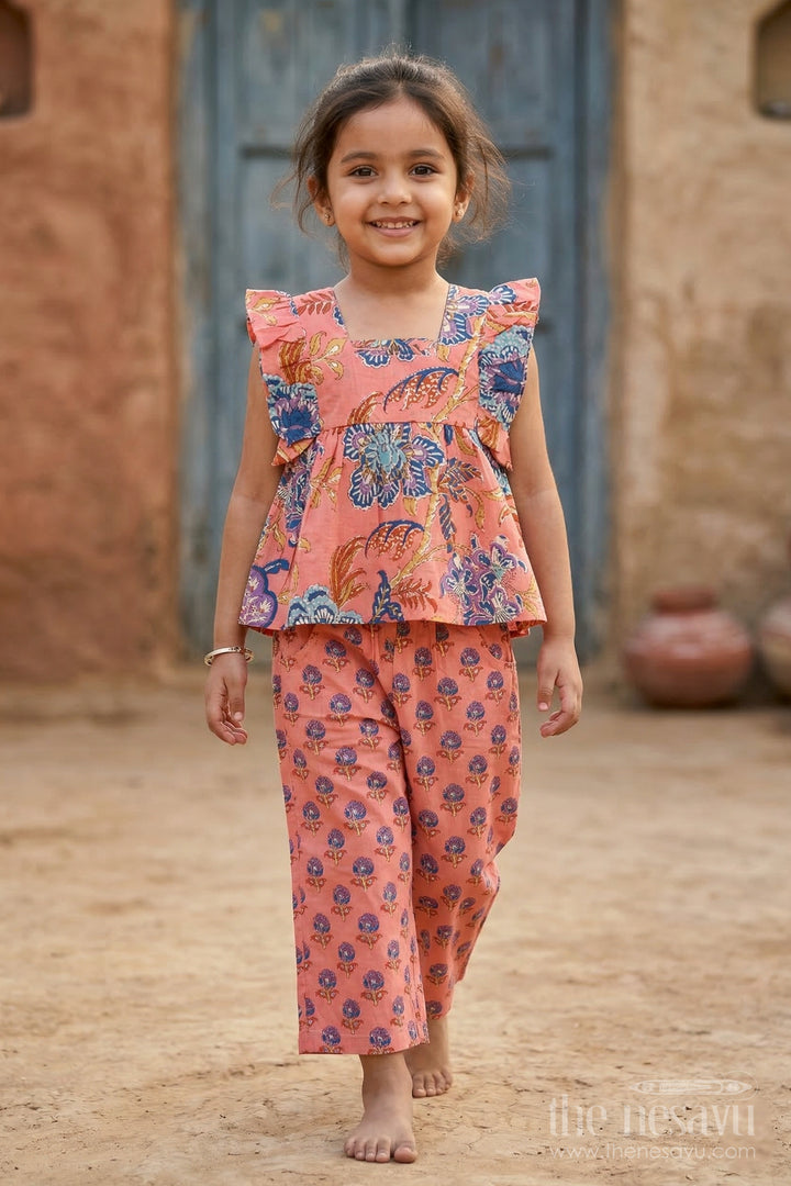 The Nesavu Girls Co-Ord Sets Girls Cotton Co Ord Set for Travel and Playdates Nesavu 16 (1Y) / Orange / Cotton GCS006A-16 Nesavu Girls Printed Cotton Co Ord Set With Digital Print For Travel Playdates And Casual Outings