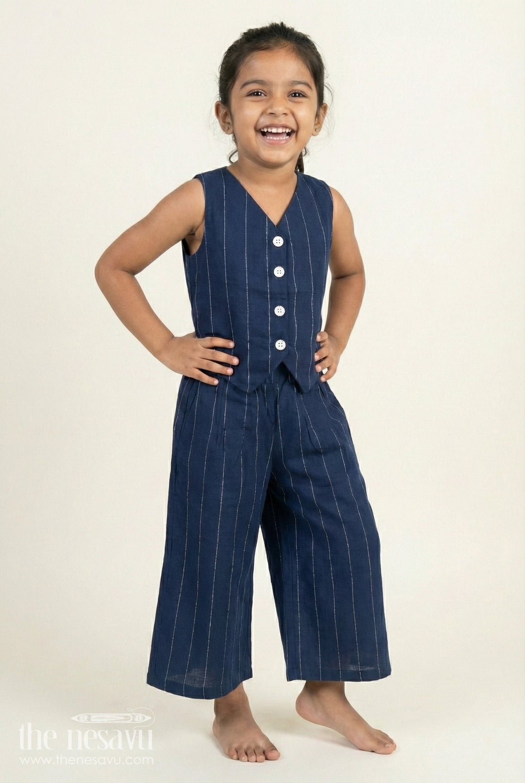 The Nesavu Girls Co-Ord Sets Girls Cotton Co-Ord Set with Crop Top and Pants for Casual Outings Nesavu 18 (2Y) / Blue GPS792A-18 Nesavu cotton co-ord set girls sleeveless top wide pants perfect stylish casual days