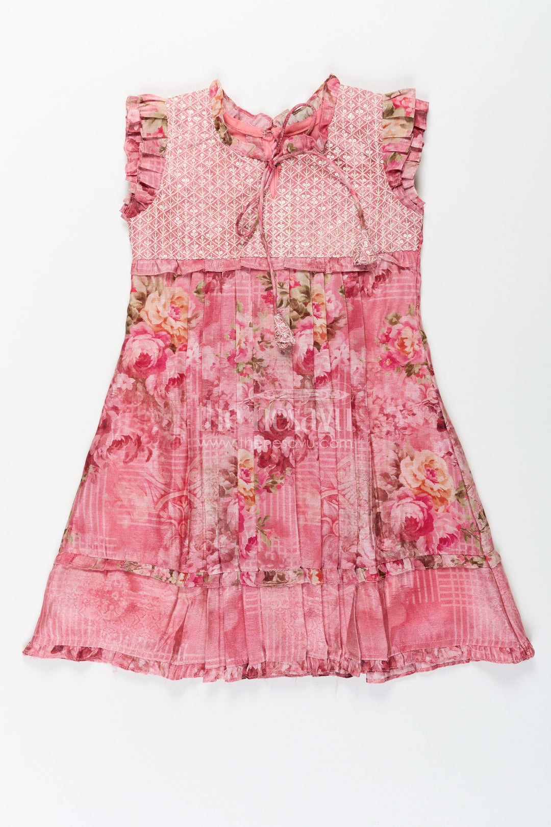 The Nesavu Girls Cotton Frock Girls Cotton Dress Frock with Ruffled Sleeves and Floral Digital Print in Deep Rose Hues Nesavu 22 (4Y) / Pink GFC1373B-22 Nesavu Cotton Dress Frock for Girls with Ruffled Sleeves and Rose Floral Digital Print