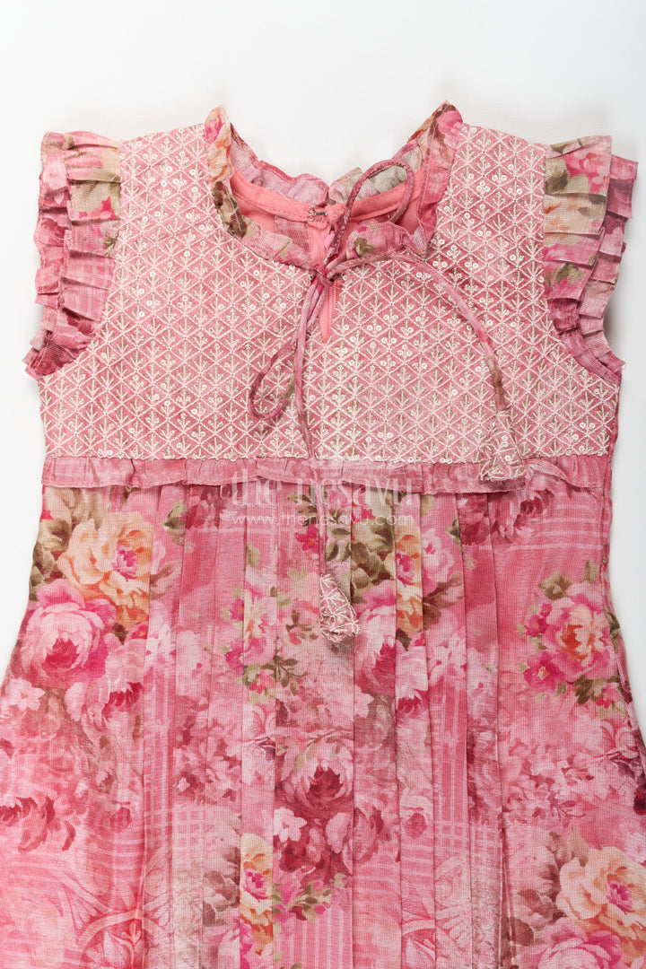 The Nesavu Girls Cotton Frock Girls Cotton Dress Frock with Ruffled Sleeves and Floral Digital Print in Deep Rose Hues Nesavu Nesavu Cotton Dress Frock for Girls with Ruffled Sleeves and Rose Floral Digital Print