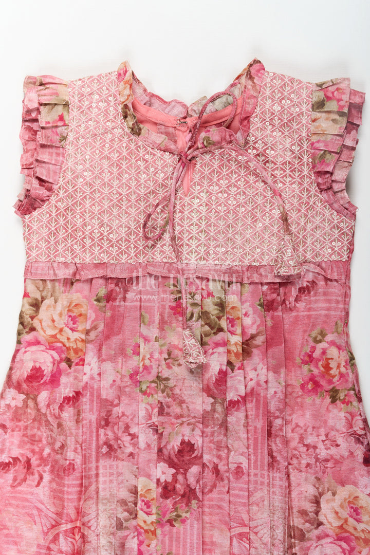 The Nesavu Girls Cotton Frock Girls Cotton Dress Frock with Ruffled Sleeves and Floral Digital Print in Deep Rose Hues Nesavu Nesavu Cotton Dress Frock for Girls with Ruffled Sleeves and Rose Floral Digital Print