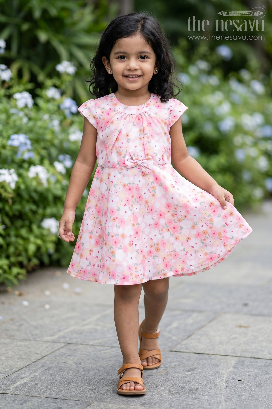 The Nesavu Girls Cotton Frock Girls Cotton Dress with Soft Floral Print and Adorable Bow Nesavu 20 (3Y) / Pink GFC1517A-20 Girls Floral Cotton Dress Bow Accent Comfort Style