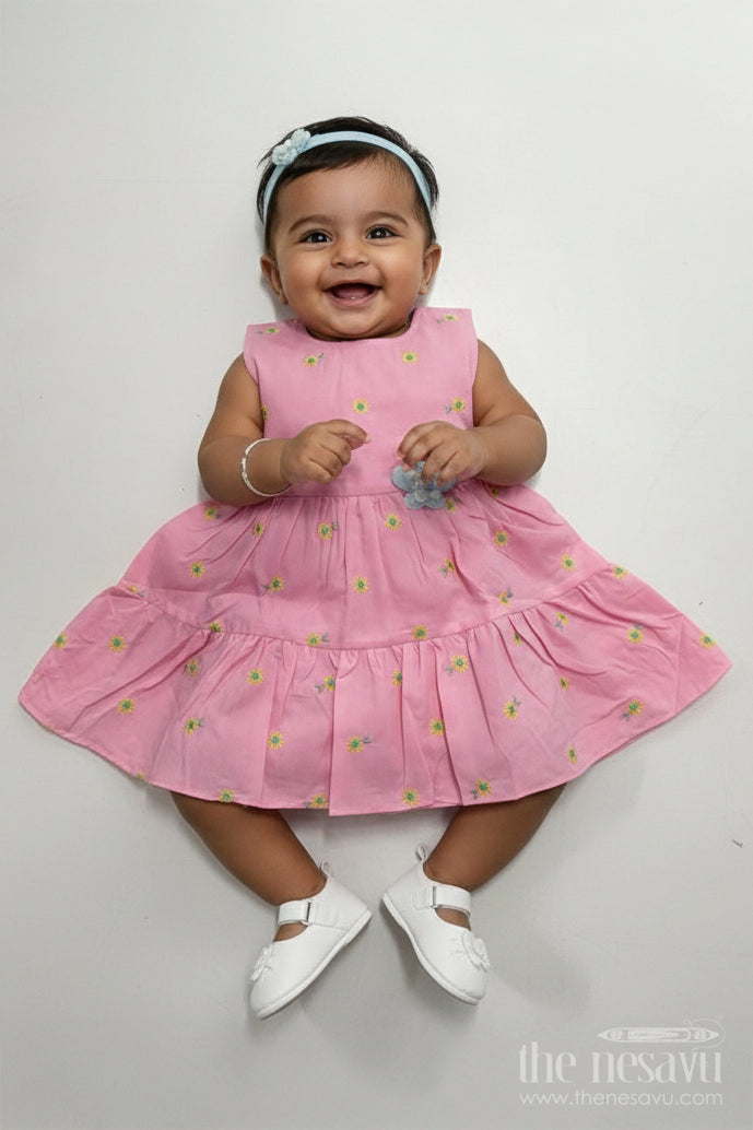 The Nesavu Baby Cotton Frocks Girls Cotton Embroidered Cinderellas Pink Dress with Ruffled Hem and Daisy Motifs Nesavu 14 (6M) / Pink BFJ751A-14 Girls Cinderellas Pink Dress Daisy Embroidery Ruffled Hem Cotton Fabric | The Nesavu