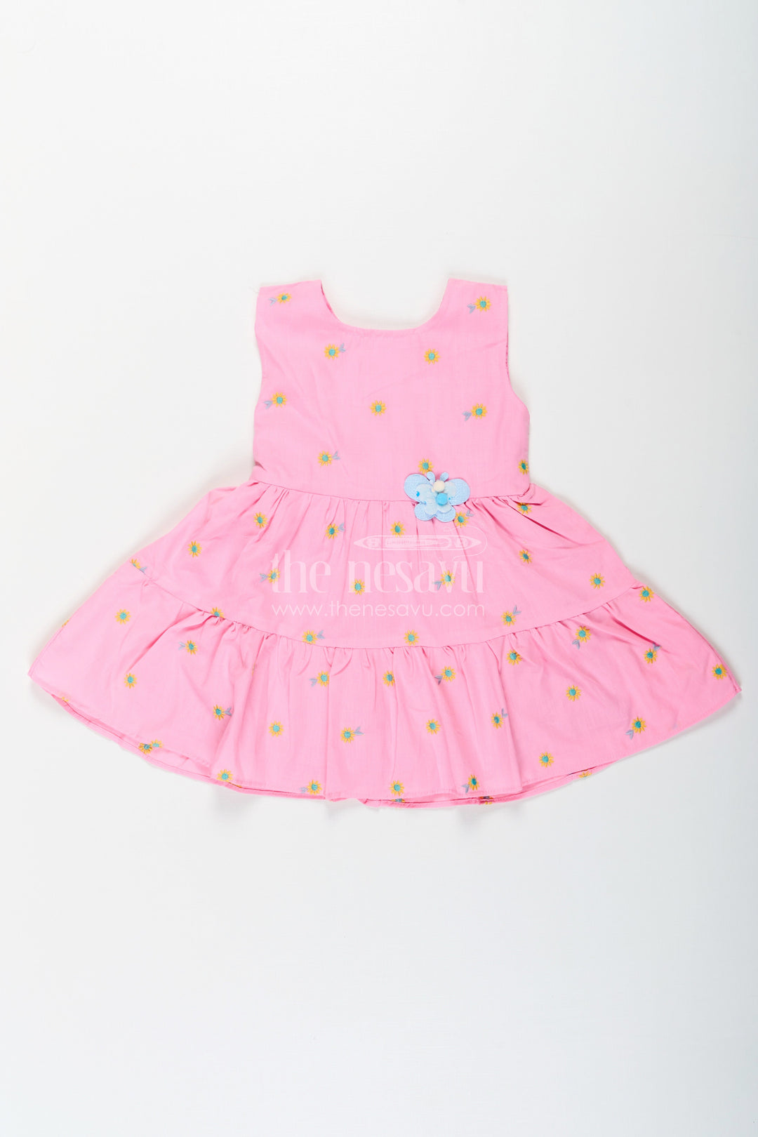 The Nesavu Baby Cotton Frocks Girls Cotton Embroidered Cinderellas Pink Dress with Ruffled Hem and Daisy Motifs Nesavu 14 (6M) / Pink BFJ751A-14 Nesavu Girls Cinderellas Pink Dress Daisy Embroidery Ruffled Hem Cotton Fabric