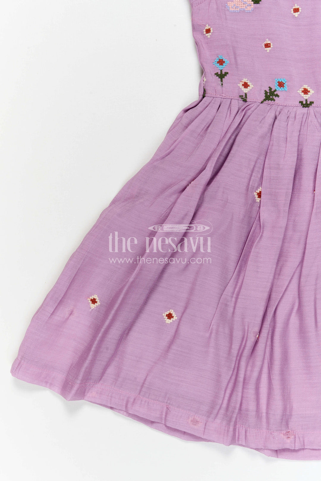 The Nesavu Girls Cotton Frock Girls Cotton Embroidered Frock for Casual and Festive Wear Nesavu Nesavu girls purple cotton frock with thread embroidery for casual and festive wear