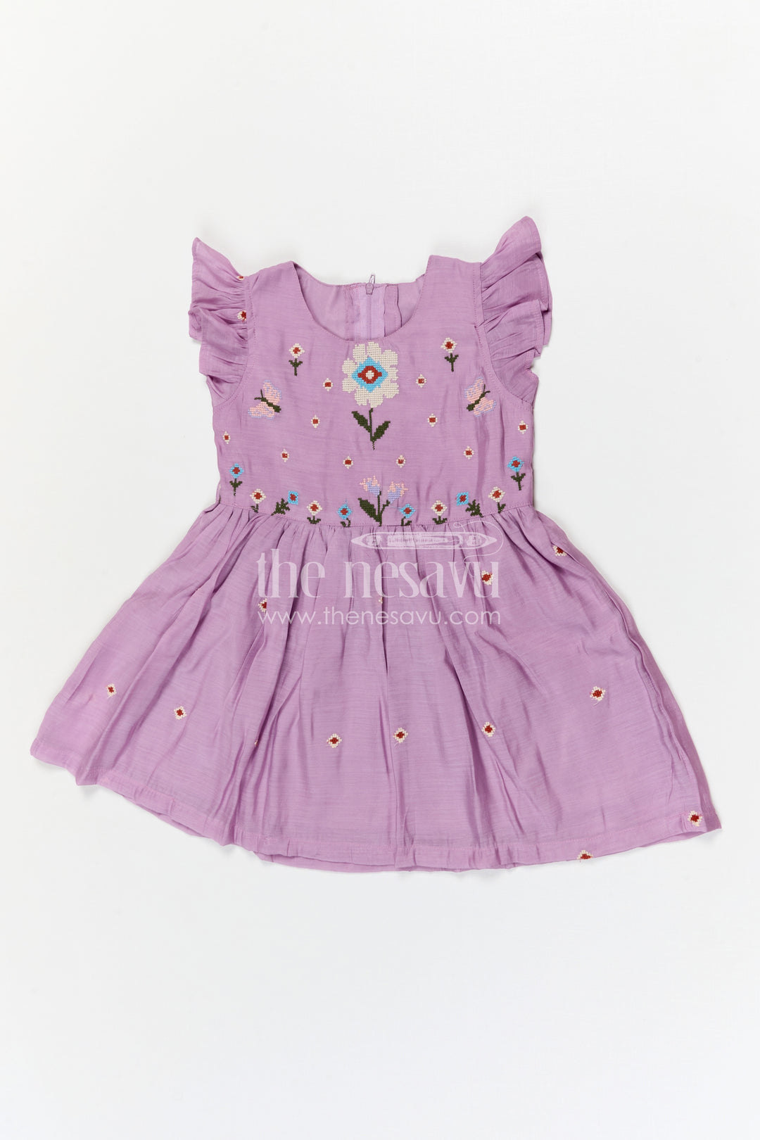 The Nesavu Girls Cotton Frock Girls Cotton Embroidered Frock for Casual and Festive Wear Nesavu Nesavu girls purple cotton frock with thread embroidery for casual and festive wear