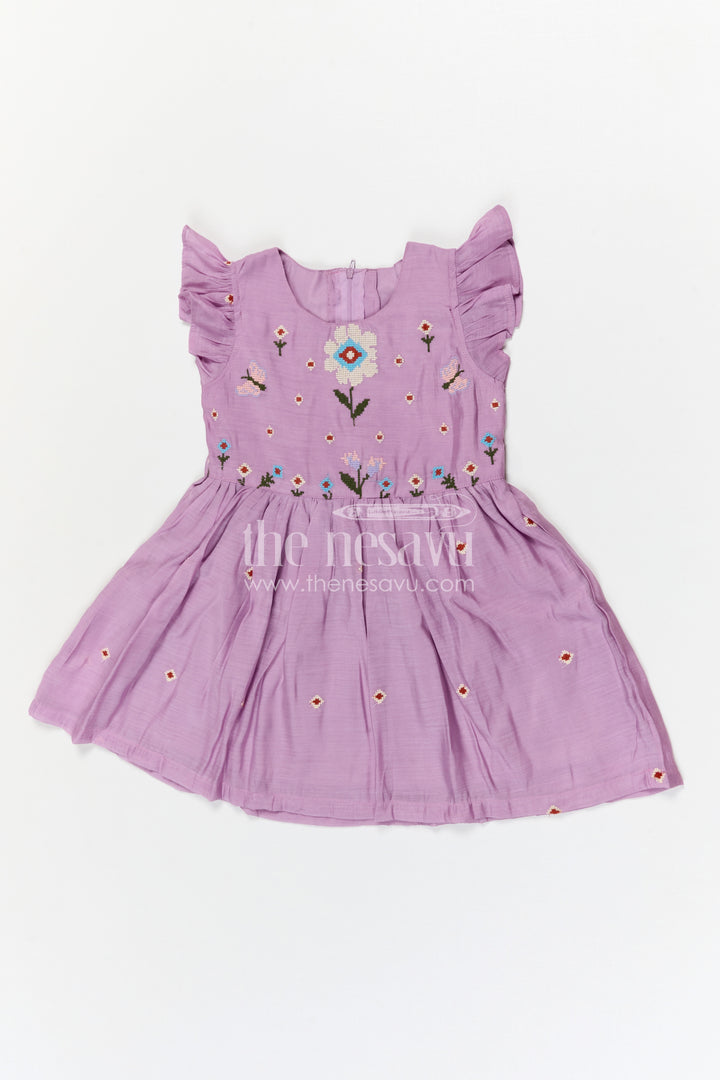 The Nesavu Girls Cotton Frock Girls Cotton Embroidered Frock for Casual and Festive Wear Nesavu Nesavu girls purple cotton frock with thread embroidery for casual and festive wear