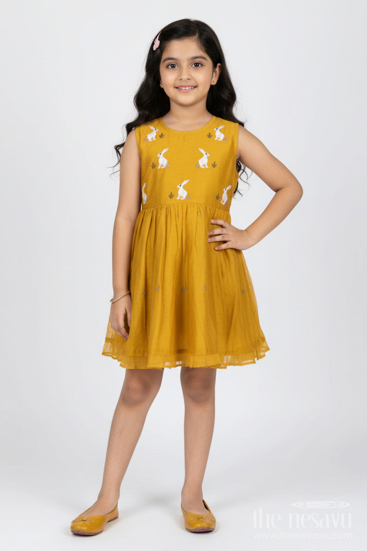 The Nesavu Girls Chanderi Frock Girls Cotton Embroidery Frock in Chanderi Fabric with Sleeveless Design for Stylish Wear Nesavu 16 (1Y) / Yellow GFC1647A-16 Girls Cotton Embroidery Frock Chanderi Fabric Sleeveless Design Festive Wear | The Nesavu