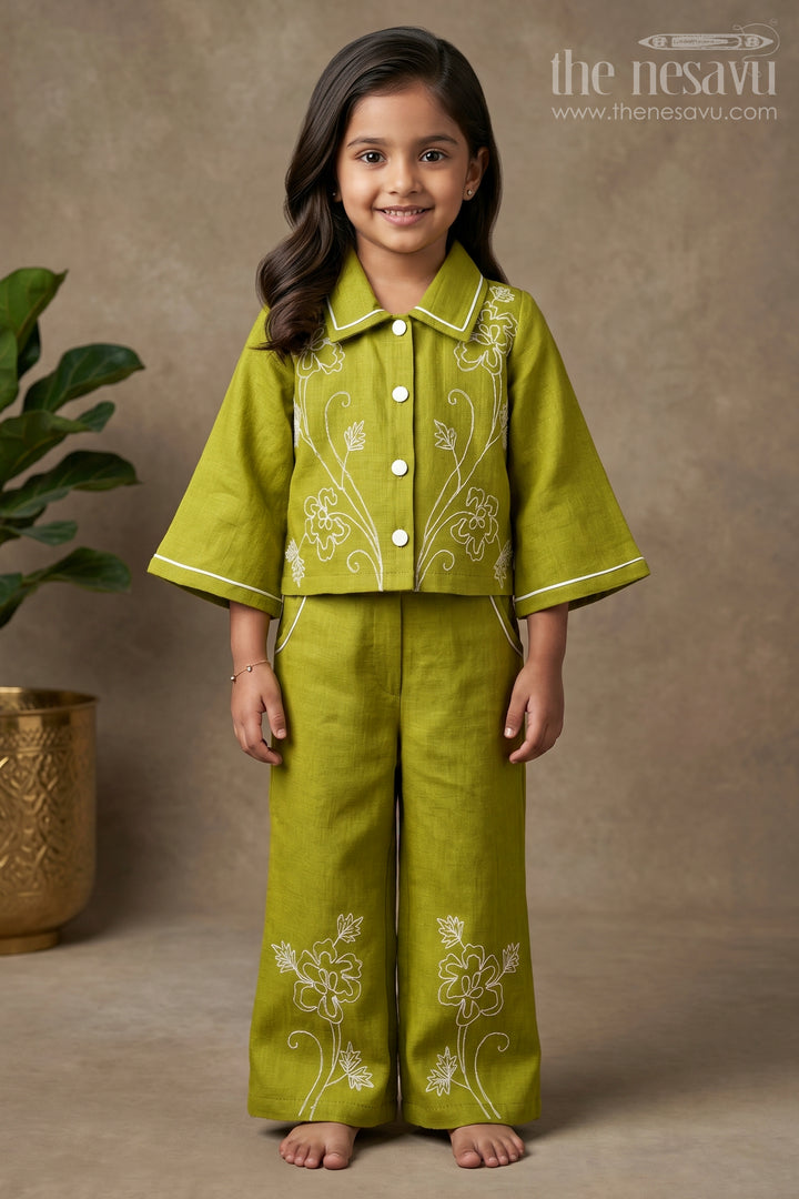 The Nesavu Girls Co-Ord Sets Girls Cotton Embroidery Plazo Set for Ethnic Day and Festivals Nesavu 18 (2Y) / Green GPS726B-18 Nesavu girls cotton embroidered plazo set ethnic day festive dressing