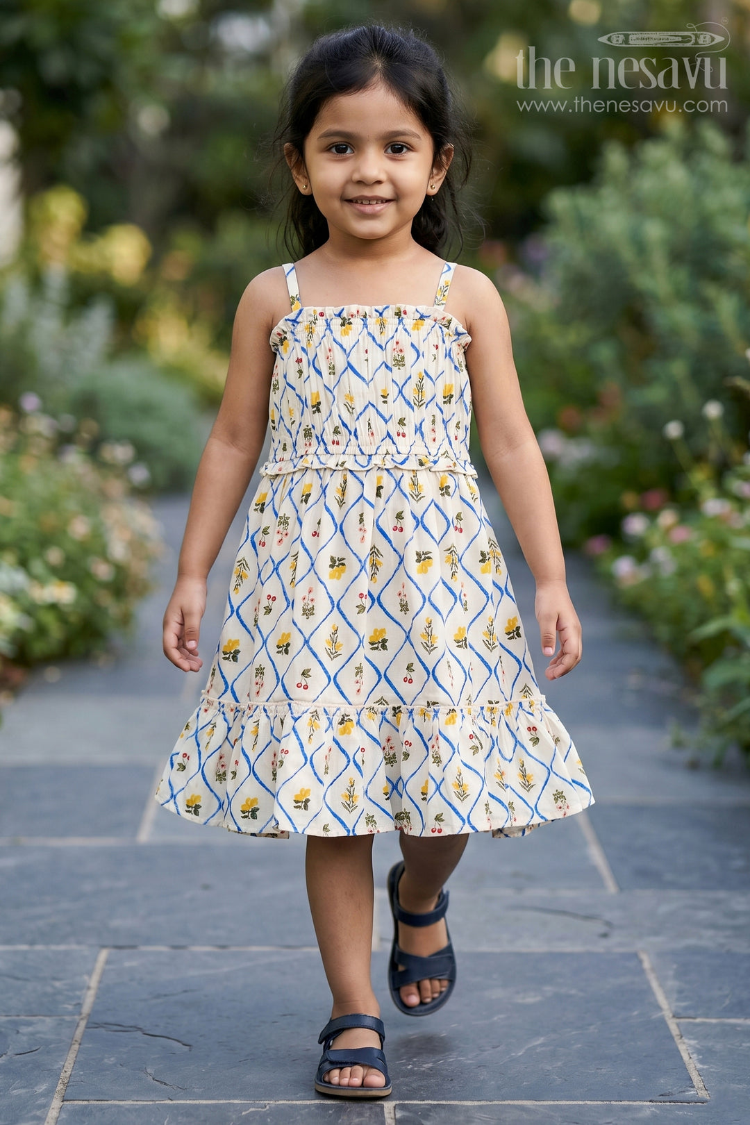 The Nesavu Girls Cotton Frock Girls Cotton Floral Frocks with Spaghetti Straps and Tiered Hem in Soft Digital Print for Summer Days Nesavu 16 (1Y) / Beige GFC1752A-16 Girls Cotton Floral Frocks Digital Print Tiered Hem Comfortable Summer Fashion | The Nesavu