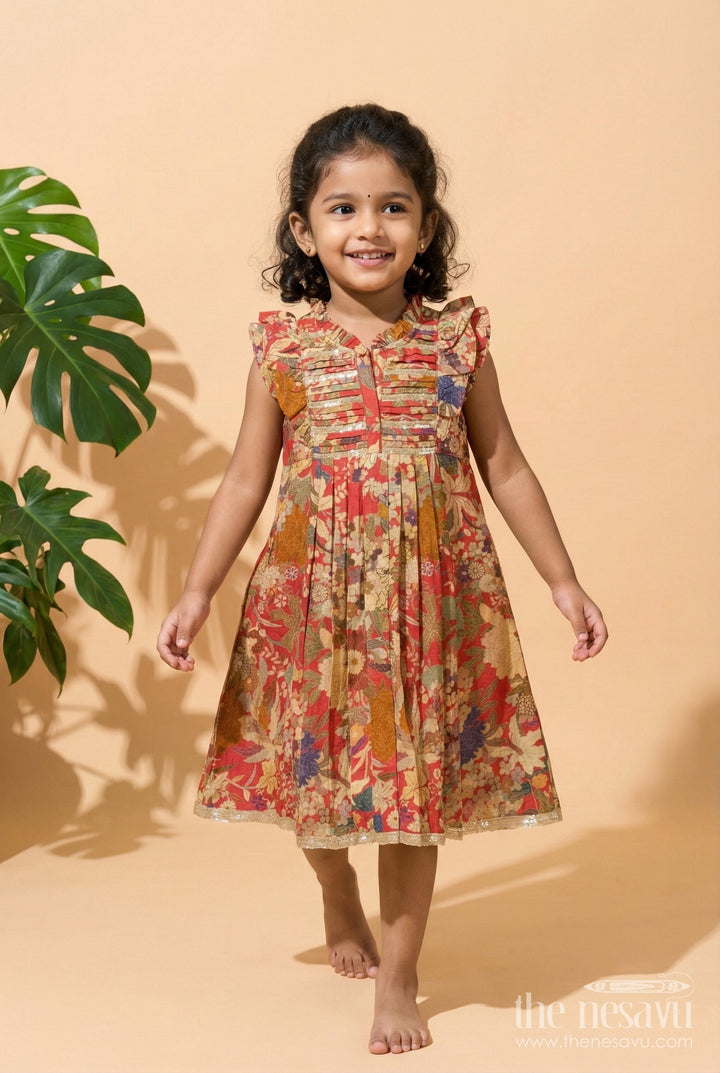 The Nesavu Girls Cotton Frock Girls Cotton Frock for Birthday Parties and Casual Festive Wear Nesavu 22 (4Y) / Red GFC1804A-22 Nesavu girls cotton floral print frock  ideal birthday parties festive occasions