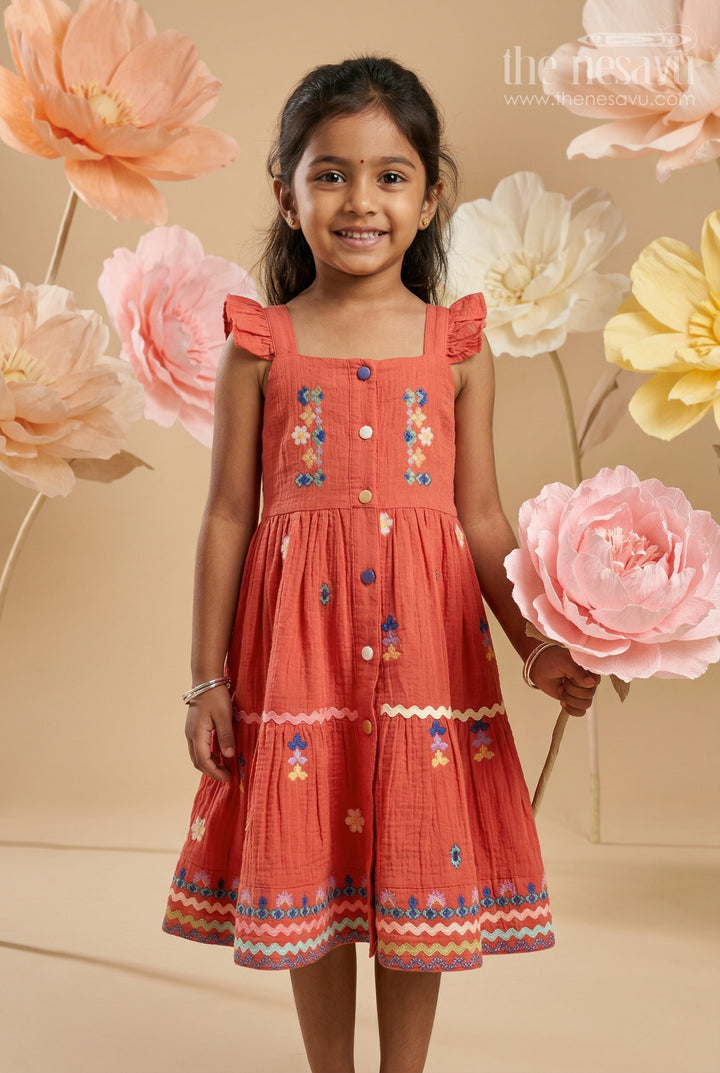 The Nesavu Girls Cotton Frock Girls Cotton Frock for Festival Celebrations and Family Functions Nesavu 20 (3Y) / Orange / Muslin Cotton GFC2184A-20 Nesavu Girls Cotton Frock For Festive Outings With Muslin Fabric And Thread Embroidery For Stylish Comfort