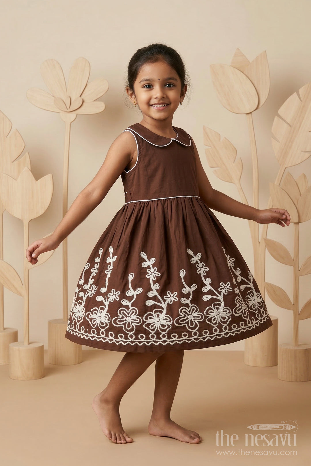 The Nesavu Girls Cotton Frock Girls Cotton Frock for Festive Occasions and Family Functions Nesavu 20 (3Y) / Brown / Cotton GFC2127B-20 Nesavu girls cotton frock with thread embroidery for festive occasions family celebrations and gatherings