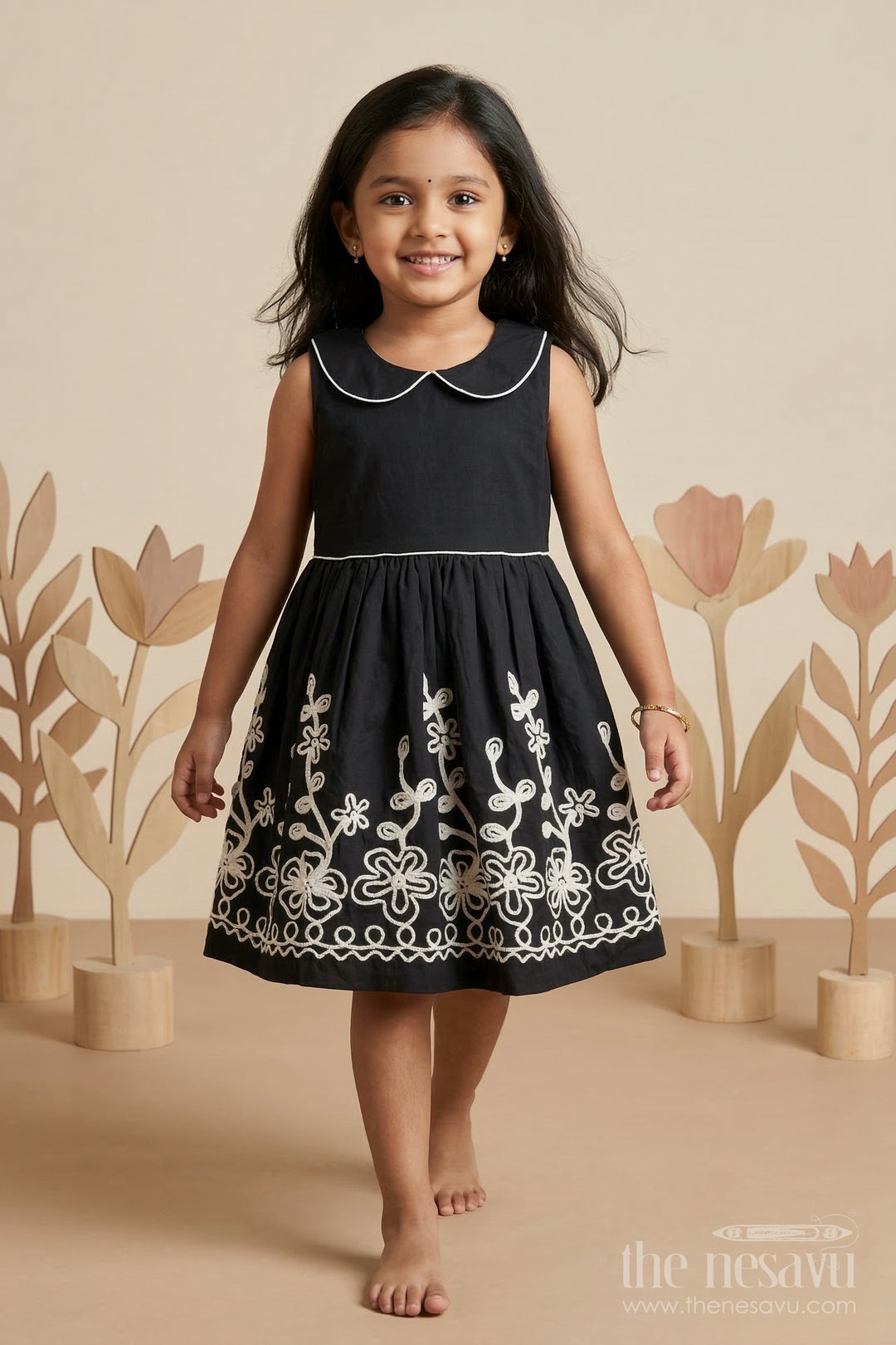 The Nesavu Girls Cotton Frock Girls Cotton Frock for Festive Occasions and Family Gatherings Nesavu 20 (3Y) / Black / Cotton GFC2127A-20 Nesavu girls cotton frock with thread embroidery for festive occasions family events and celebrations