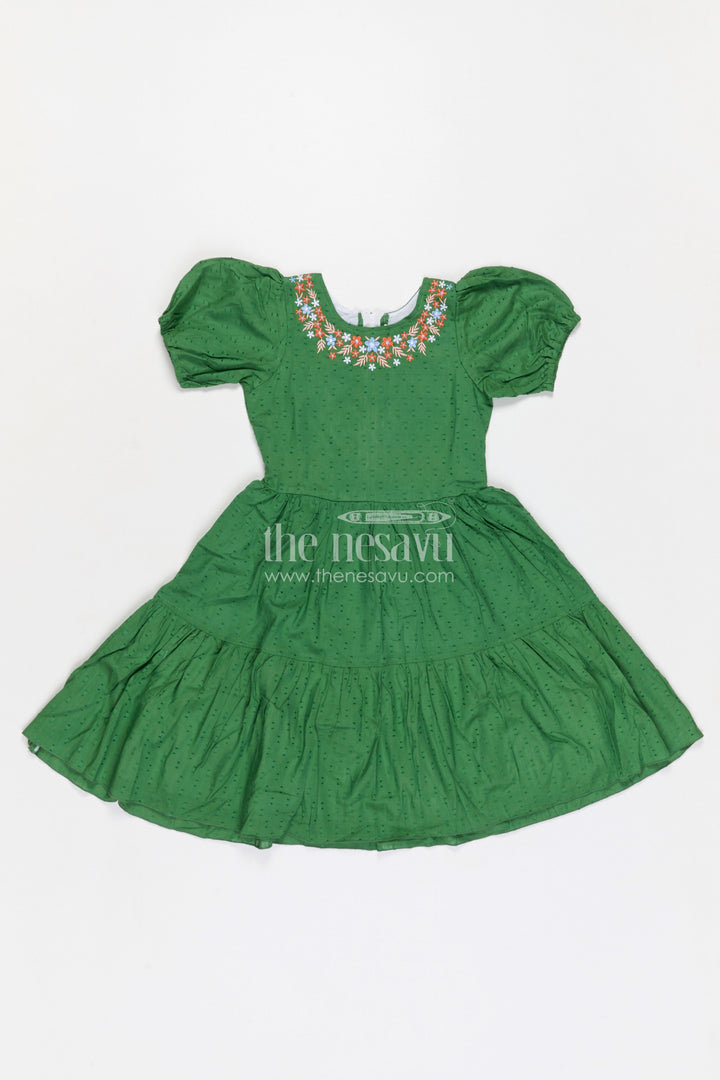 The Nesavu Girls Cotton Frock Girls Cotton Frock for Festive Outings and Family Celebrations Nesavu 32 (9Y) / Green / Cotton GFC2128B-32 Nesavu girls cotton dobby frock with embroidered neckline for festive events and family celebrations