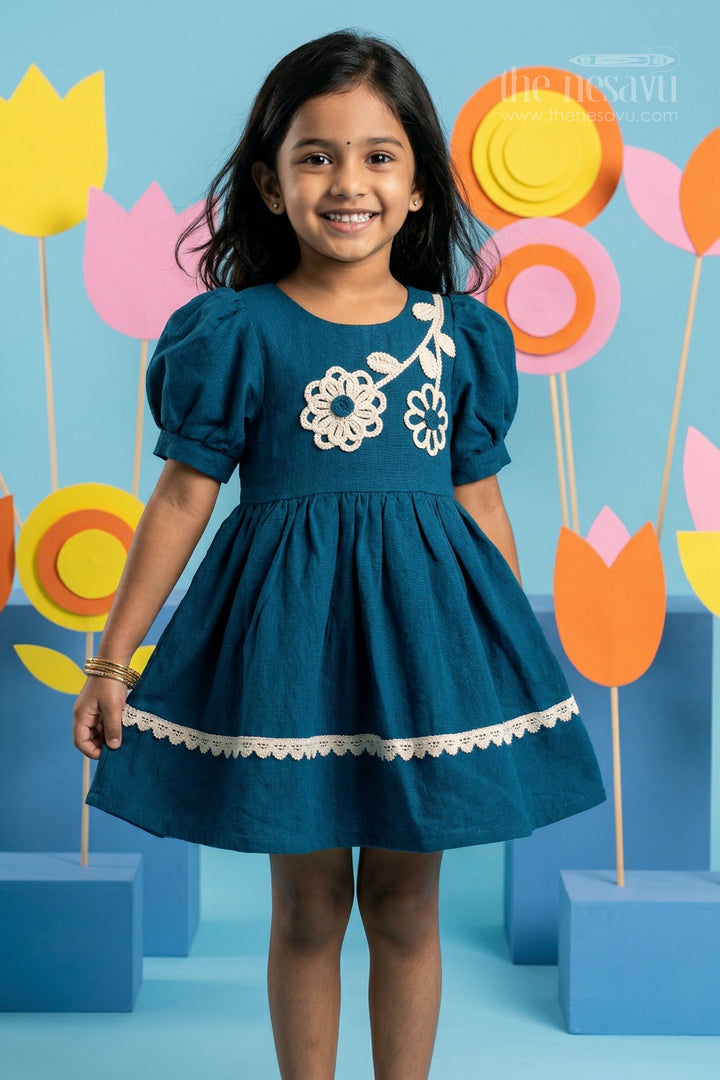 The Nesavu Girls Cotton Frock Girls Cotton Frock for Festive Outings and Family Photos Nesavu 20 (3Y) / Blue / Cotton Blend GFC2144B-20 Nesavu girls cotton frock for festive outings and family celebrations with thread embroidery