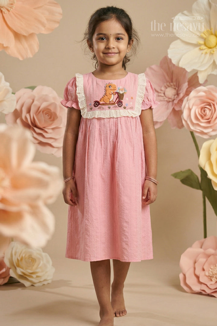 The Nesavu Girls Cotton Frock Girls Cotton Frock for Playful Days and Cheerful Outings Nesavu 14 (6M) / Pink / Cotton GFC2154B-14 Nesavu Girls Cotton Embroidered Frock With Playful Character Patch For Casual Outings