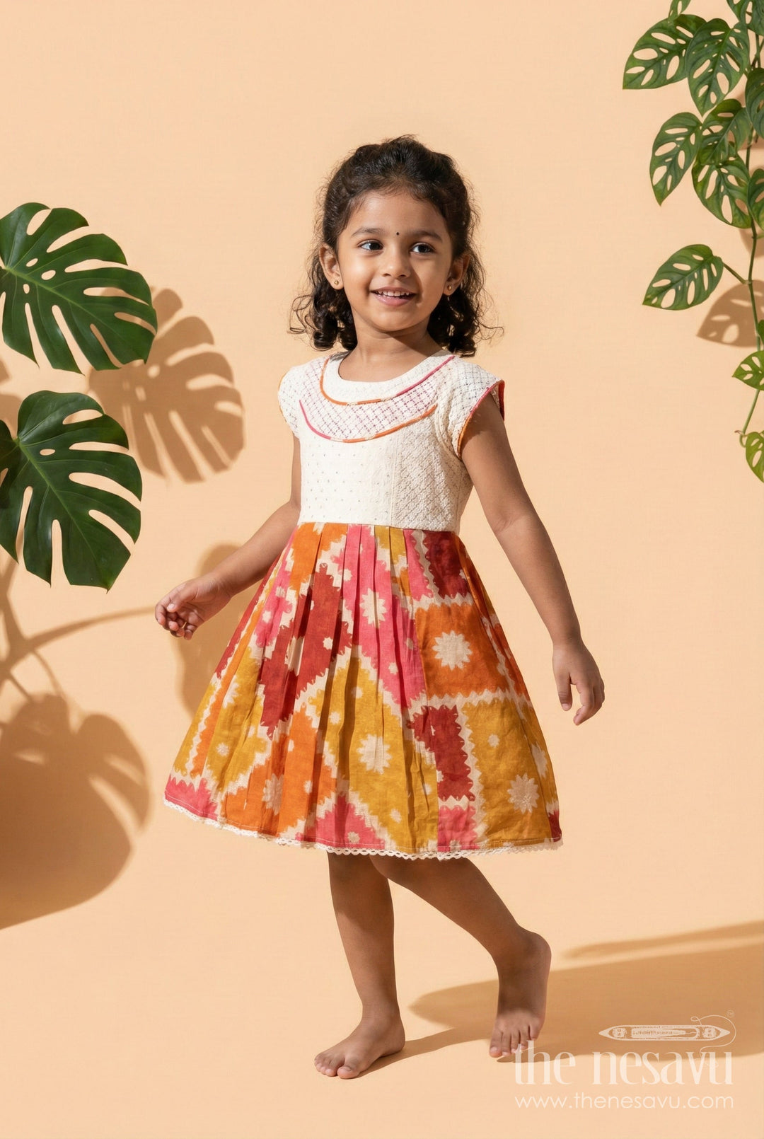 The Nesavu Girls Cotton Frock Girls Cotton Frock for School Ethnic Day and Festive Events Nesavu 22 (4Y) / White / Cotton GFC2065A-22 Nesavu girls cotton frock with digital print for ethnic school day and casual festivities