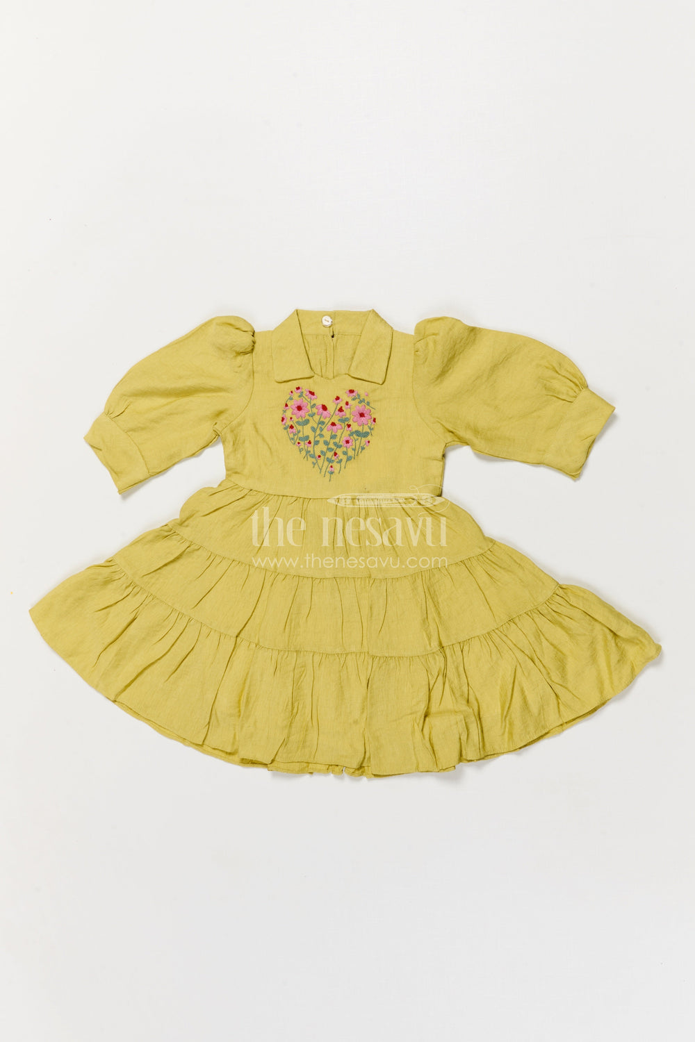 The Nesavu Girls Cotton Frock Girls Cotton Frock for Traditional Functions and Festive Wear Nesavu 20 (3Y) / Green GFC1907A-20 Nesavu girls cotton blend frock with thread embroidery for festive wear and traditional gatherings