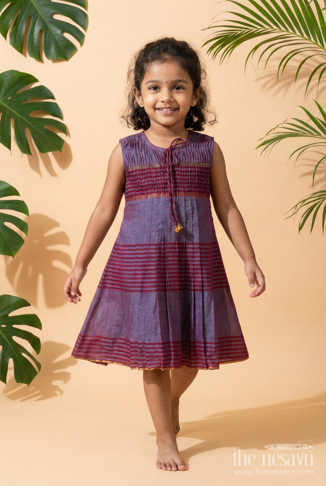 The Nesavu Girls Cotton Frock Girls Cotton Frock for Traditional School Functions and Casual Festive Wear Nesavu 22 (4Y) / Purple / Cotton GFC1780B-22 Nesavu girls cotton frock for ethnic day and school celebrations in striped Mangalagiri cotton