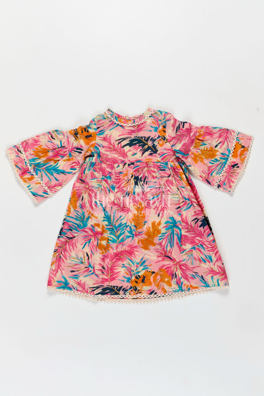 The Nesavu Girls Cotton Frock Girls Cotton Frock Girl with Flared Bell Sleeves and Vibrant Leaf Print in Multicolor Design Nesavu 16 (1Y) / Pink GFC1743A-16 Nesavu Cotton Frock Girl Flared Sleeves Multicolor Leaf Print Casual Everyday Style