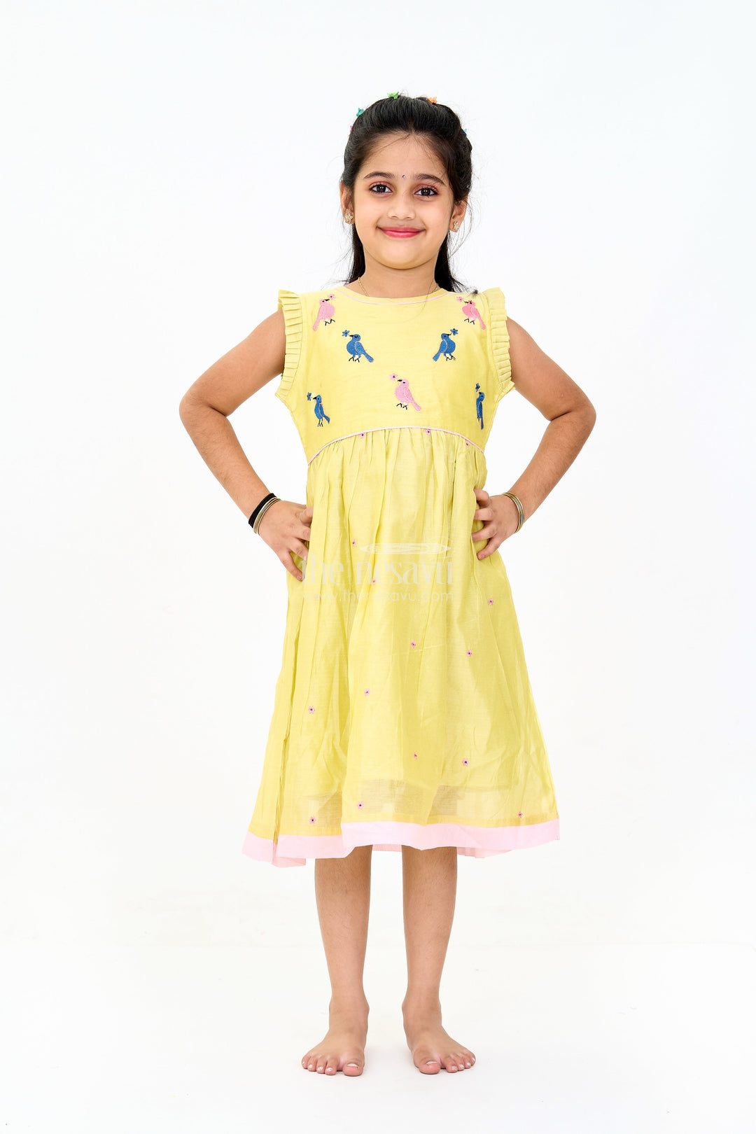 The Nesavu Girls Chanderi Frock Girls Cotton Frock in Light Green with Delicate Embroidery for Casual Wear Nesavu 16 (1Y) / Green GFC1464A-16 Nesavu Girls Light Green Cotton Frock Embroidery Details - Comfortable Chanderi Casual Dress Girls