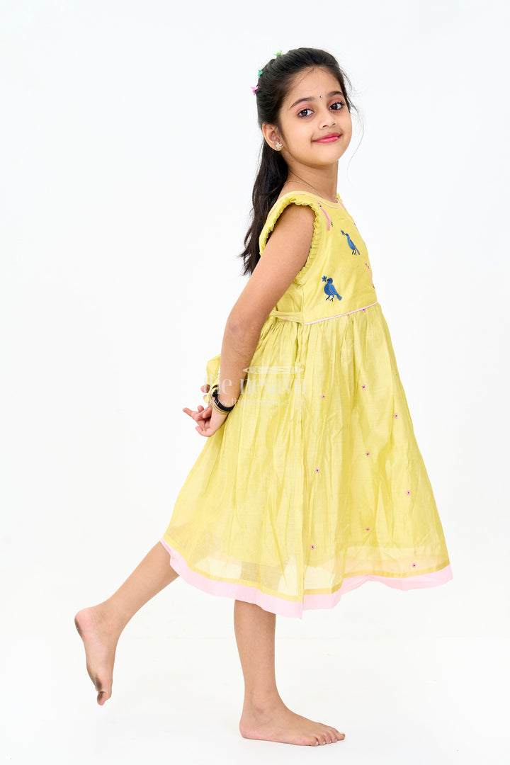 The Nesavu Girls Chanderi Frock Girls Cotton Frock in Light Green with Delicate Embroidery for Casual Wear Nesavu Nesavu Girls Light Green Cotton Frock Embroidery Details - Comfortable Chanderi Casual Dress Girls
