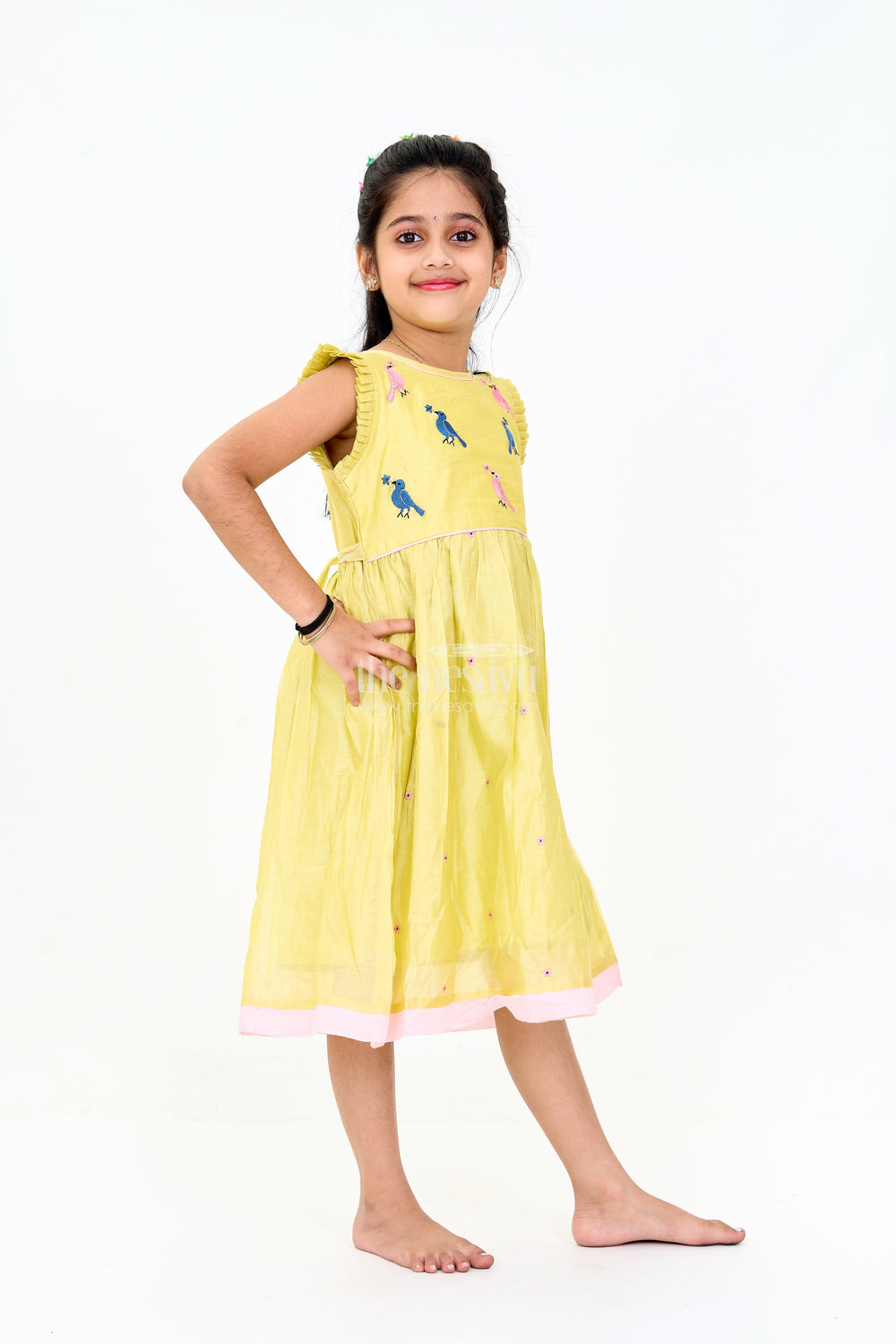 The Nesavu Girls Chanderi Frock Girls Cotton Frock in Light Green with Delicate Embroidery for Casual Wear Nesavu Nesavu Girls Light Green Cotton Frock Embroidery Details - Comfortable Chanderi Casual Dress Girls