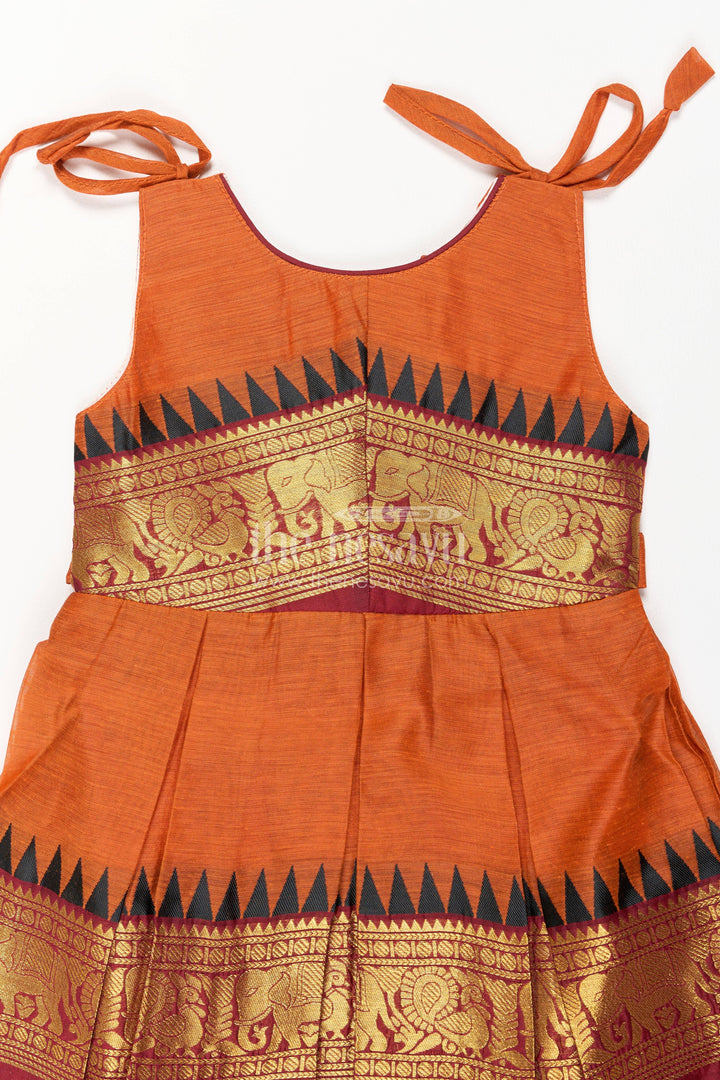 The Nesavu Girls Cotton Frock Girls Cotton Frock in Orange with Statement Border Nesavu Nesavu Girls Cotton Frock In Orange For Celebrations