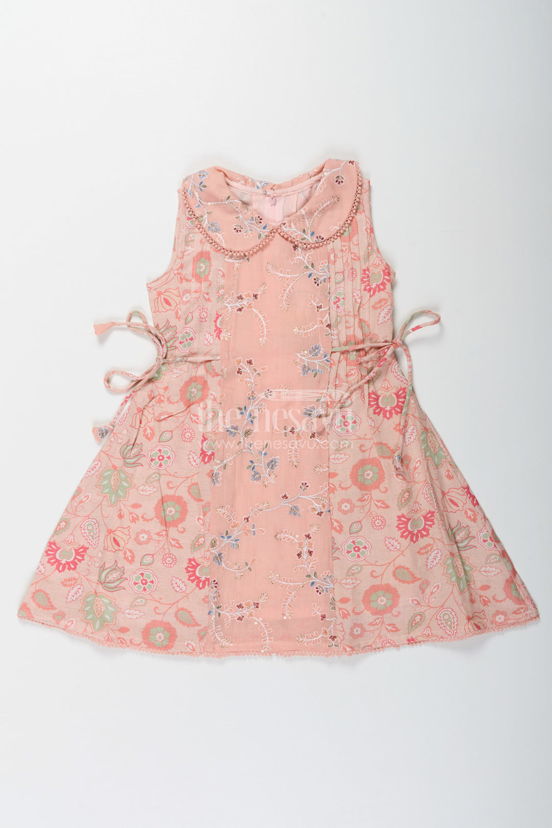 The Nesavu Girls Cotton Frock Girls Cotton Frock Simple Style with Peach Digital Prints and Thread Embroidered Front Nesavu Nesavu Girls Cotton Frock Simple Peach Floral Design with Thread and Sequin Embroidery