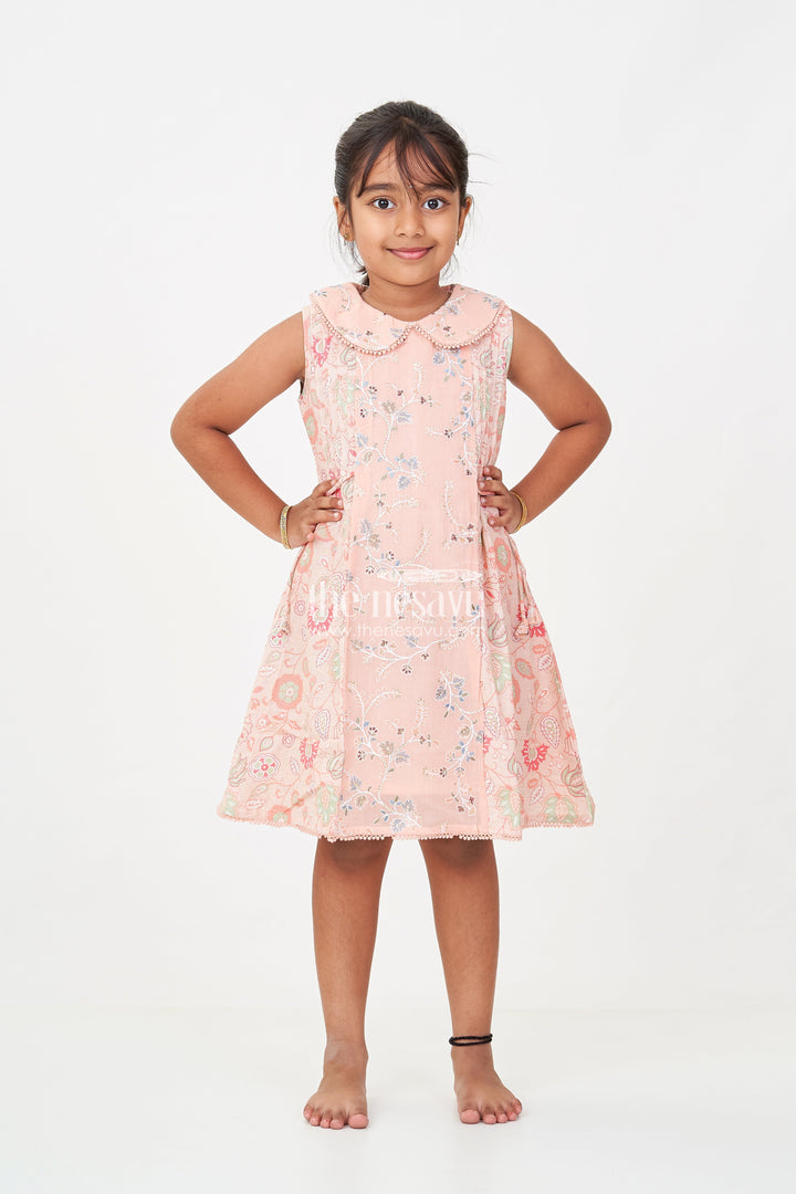 The Nesavu Girls Cotton Frock Girls Cotton Frock Simple Style with Peach Digital Prints and Thread Embroidered Front Nesavu Nesavu Girls Cotton Frock Simple Peach Floral Design with Thread and Sequin Embroidery