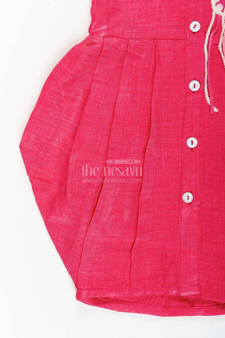 The Nesavu Girls Cotton Frock Girls cotton frock with collar and crochet patch for casual outings Nesavu Nesavu girls cotton frock in bright pink with crochet embellished pocket and collar