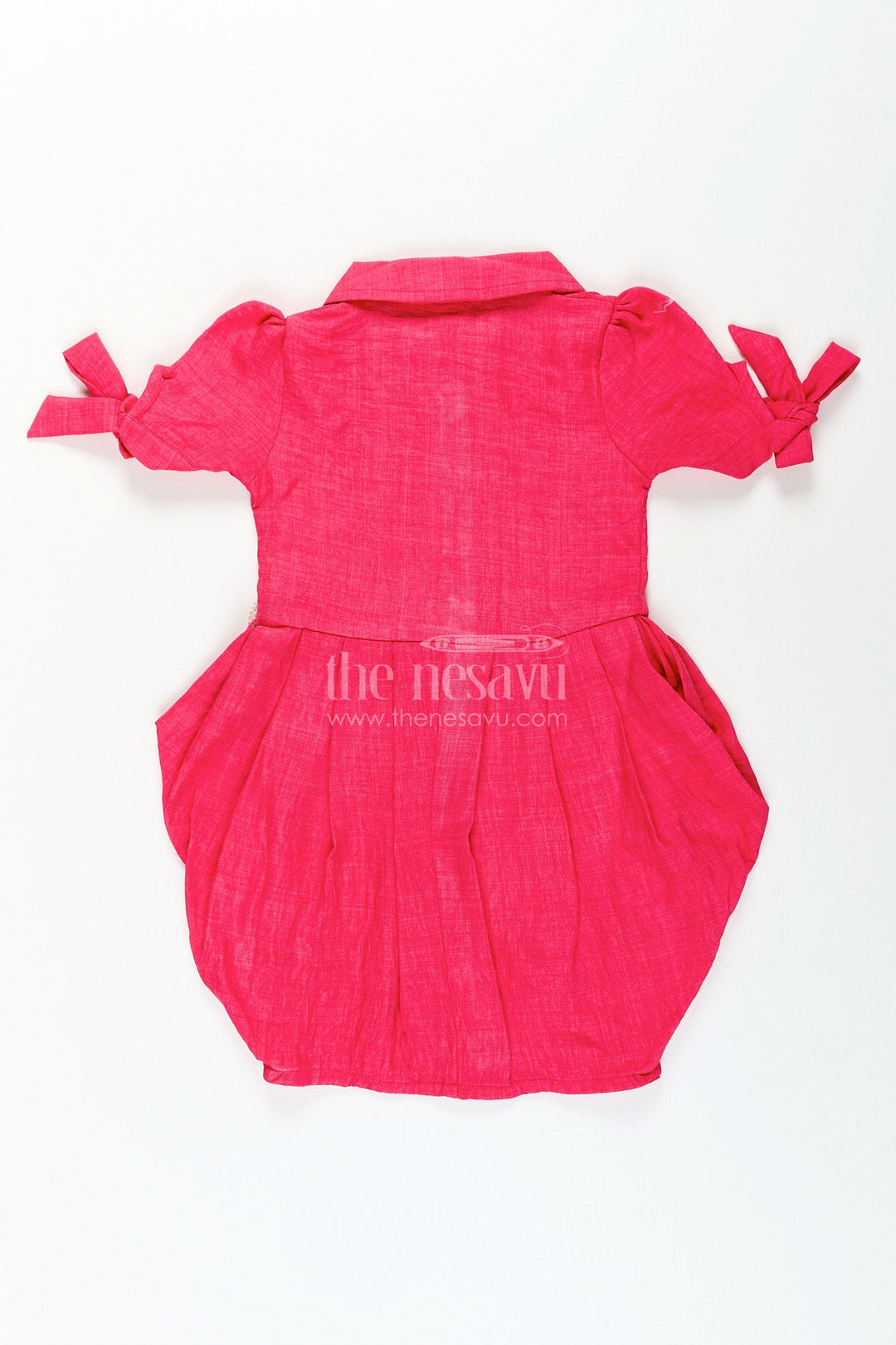 The Nesavu Girls Cotton Frock Girls cotton frock with collar and crochet patch for casual outings Nesavu Nesavu girls cotton frock in bright pink with crochet embellished pocket and collar