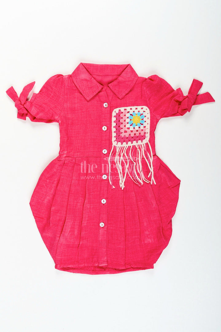 The Nesavu Girls Cotton Frock Girls cotton frock with collar and crochet patch for casual outings Nesavu Nesavu girls cotton frock in bright pink with crochet embellished pocket and collar