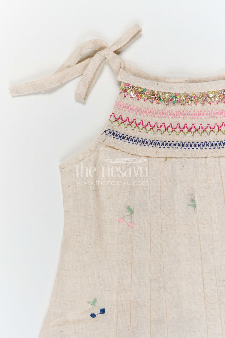The Nesavu Girls Cotton Frock Girls Cotton Frock with Delicate Thread Embroidery for Summer Wear Nesavu Nesavu girls cotton frock with thread embroidery and tie up straps for summer wear
