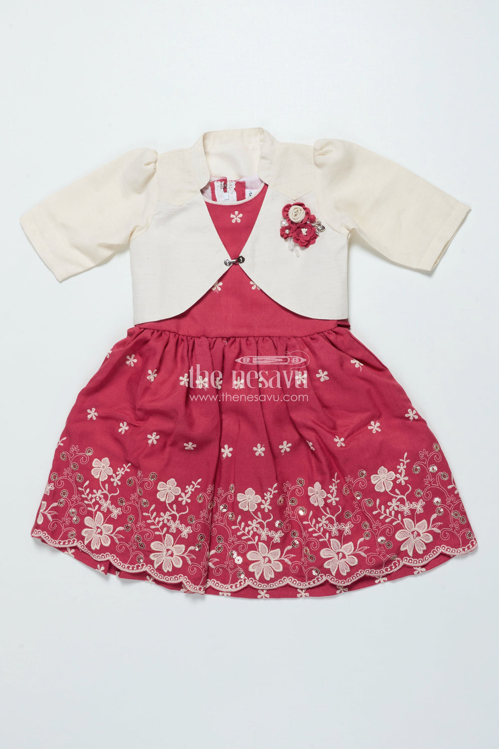 The Nesavu Girls Cotton Frock Girls Cotton Frock with Embroidered Jacket for Festive and Casual Occasions Nesavu 22 (4Y) / Red GFC1920A-22 Nesavu girls cotton frock floral embroidery jacket ideal festive casual occasions