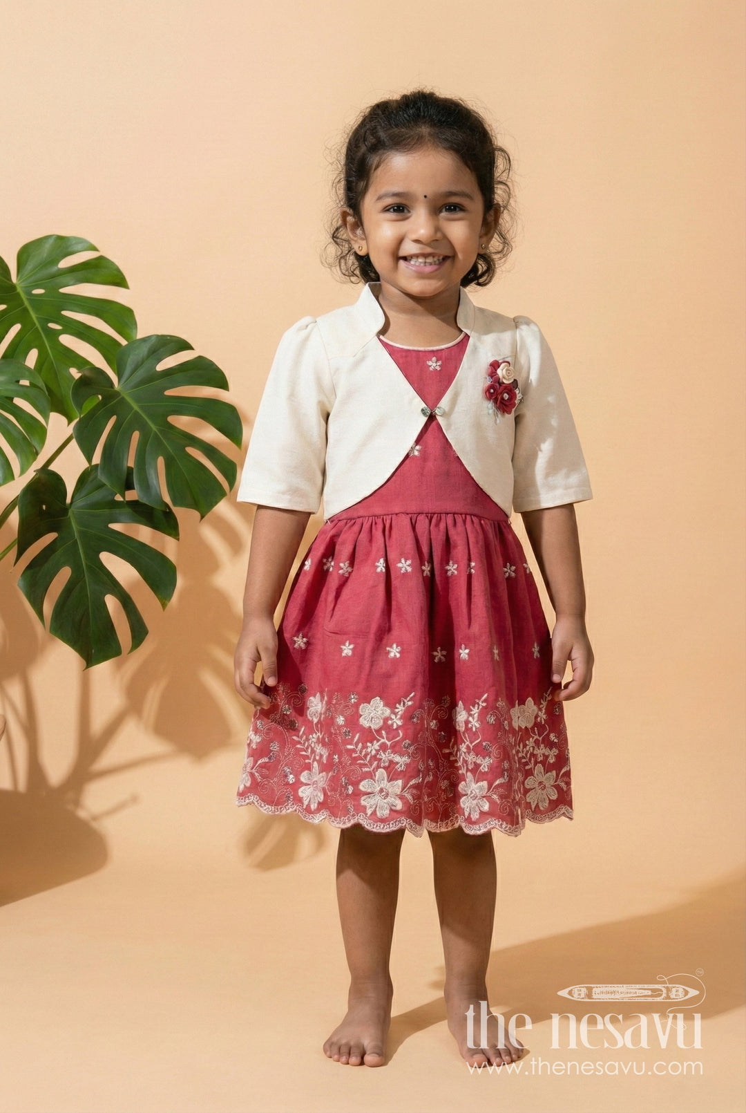 The Nesavu Girls Cotton Frock Girls Cotton Frock with Embroidered Jacket for Festive and Casual Occasions Nesavu 22 (4Y) / Red GFC1920A-22 Nesavu girls cotton frock floral embroidery jacket ideal festive casual occasions