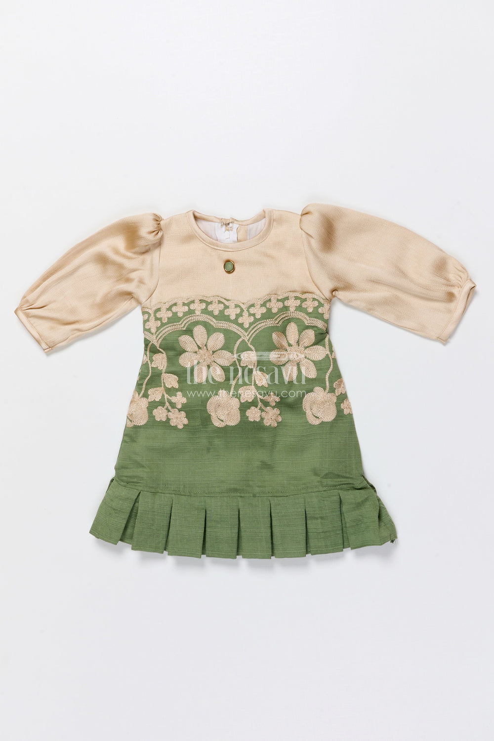 The Nesavu Girls Cotton Frock Girls Cotton Frock with Embroidery for Ethnic Celebrations Nesavu 16 (1Y) / Green GFC1866B-16 Nesavu girls embroidered cotton frock full sleeves festive ethnic wear