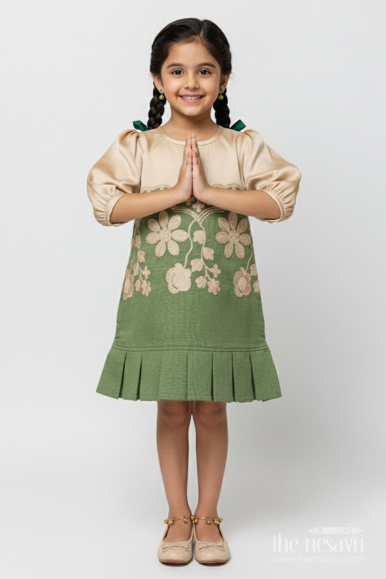 The Nesavu Girls Cotton Frock Girls Cotton Frock with Embroidery for Ethnic Celebrations Nesavu 16 (1Y) / Green GFC1866B-16 Nesavu girls embroidered cotton frock full sleeves festive ethnic wear