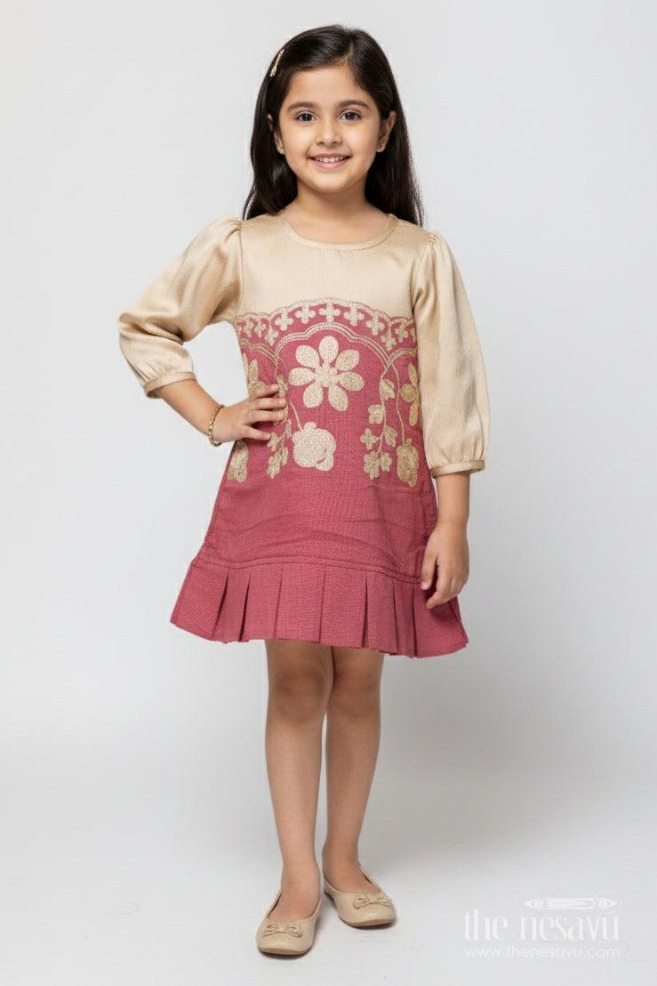 The Nesavu Girls Cotton Frock Girls Cotton Frock with Embroidery for Festive and Cultural Wear Nesavu 16 (1Y) / Red GFC1866A-16 Nesavu embroidered girls cotton frock pleated hem festivals family functions