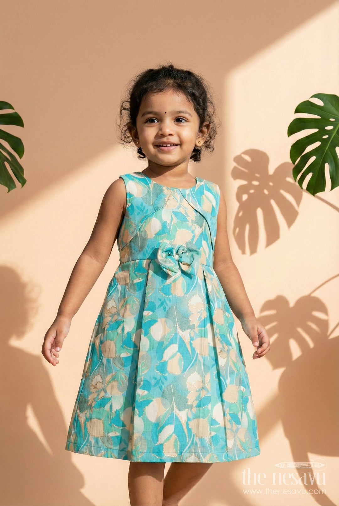 The Nesavu Girls Cotton Frock Girls Cotton Frock with Floral Digital Print in Sleeveless Design Nesavu 18 (2Y) / Blue GFC1957B-18 Nesavu girls sleeveless cotton frock with pastel floral digital print and bow detail