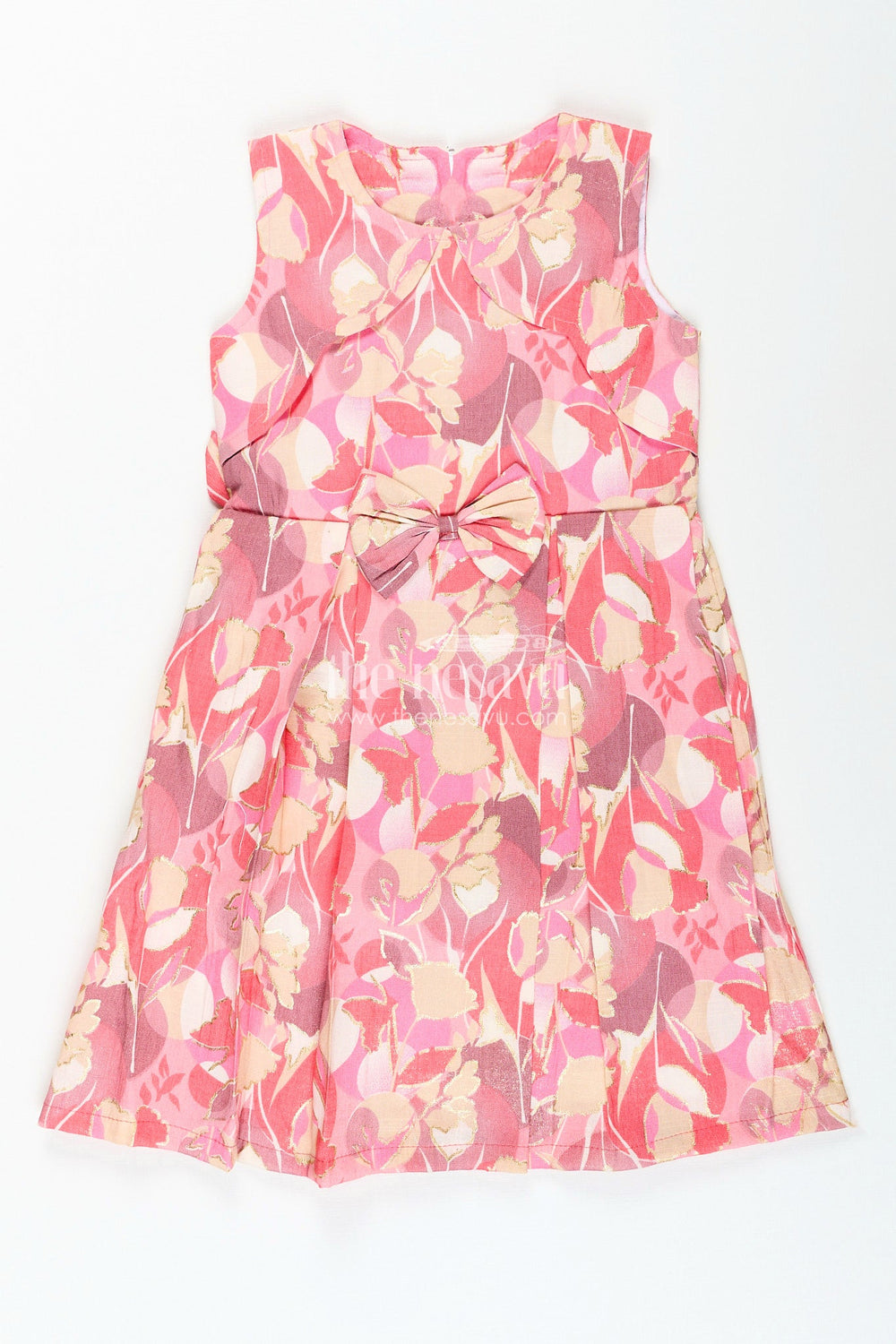 The Nesavu Girls Cotton Frock Girls cotton frock with pink and beige abstract floral digital print Nesavu 18 (2Y) / Pink GFC1957A-18 Nesavu pink cotton frock for girls with floral digital print and waist bow