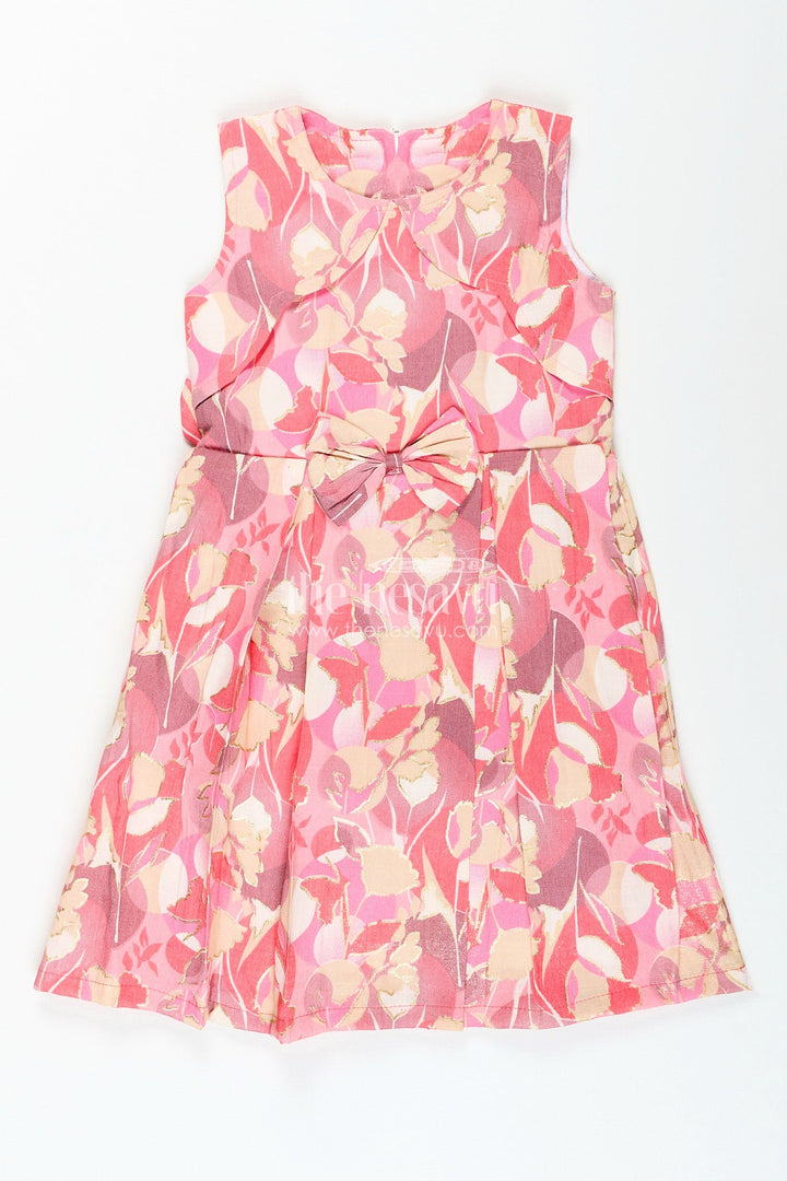 The Nesavu Girls Cotton Frock Girls cotton frock with pink and beige abstract floral digital print Nesavu 18 (2Y) / Pink GFC1957A-18 Nesavu pink cotton frock for girls with floral digital print and waist bow