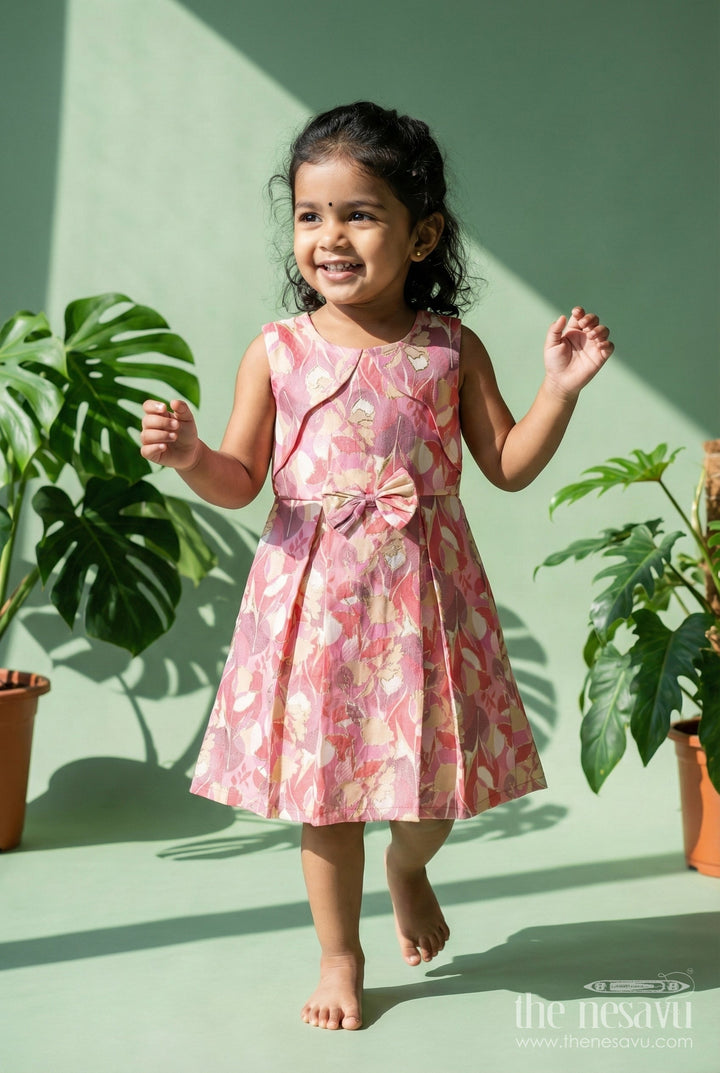 The Nesavu Girls Cotton Frock Girls Cotton Frock with Pink and Beige Abstract Floral Digital Print Nesavu 18 (2Y) / Pink GFC1957A-18 Nesavu pink cotton frock for girls with floral digital print and waist bow