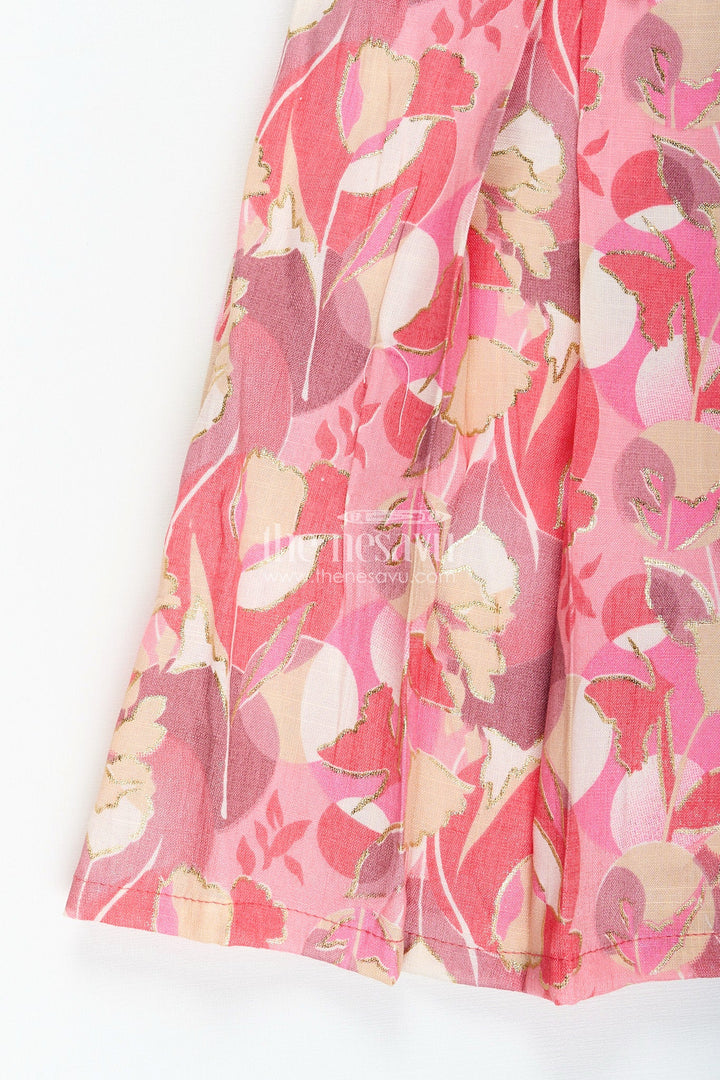 The Nesavu Girls Cotton Frock Girls cotton frock with pink and beige abstract floral digital print Nesavu Nesavu pink cotton frock for girls with floral digital print and waist bow