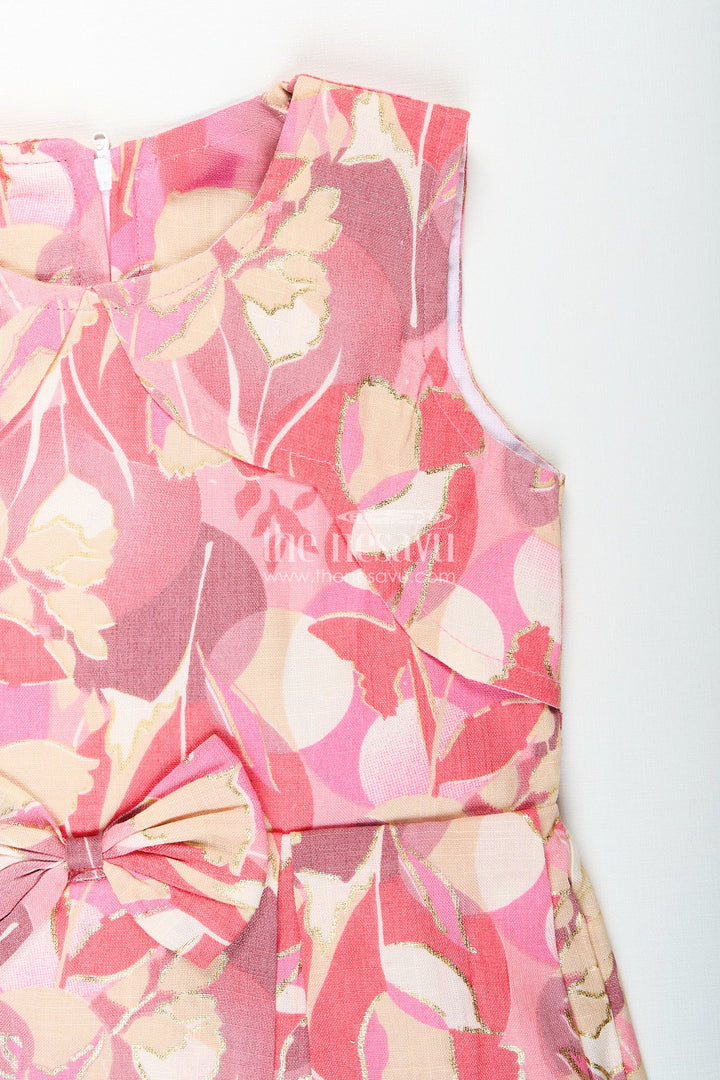 The Nesavu Girls Cotton Frock Girls cotton frock with pink and beige abstract floral digital print Nesavu Nesavu pink cotton frock for girls with floral digital print and waist bow