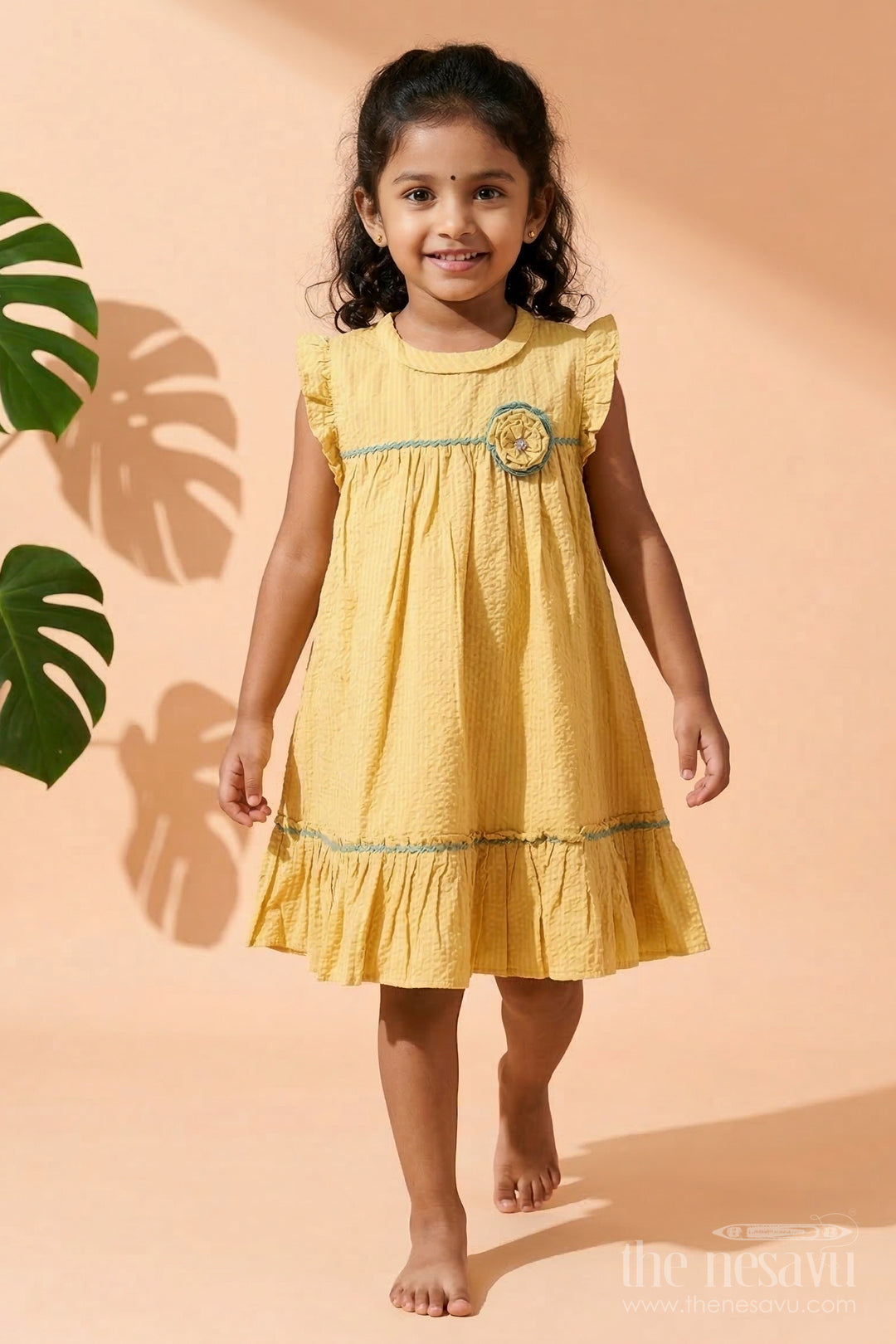 The Nesavu Girls Cotton Frock Girls Cotton Frock with Ruffles for Playful Twirls and Casual Wear Nesavu 20 (3Y) / Yellow / Cotton GFC2112A-20 Nesavu girls cotton frock in seer sucker fabric with ruffles – ideal for twirls, park days, and summer fun