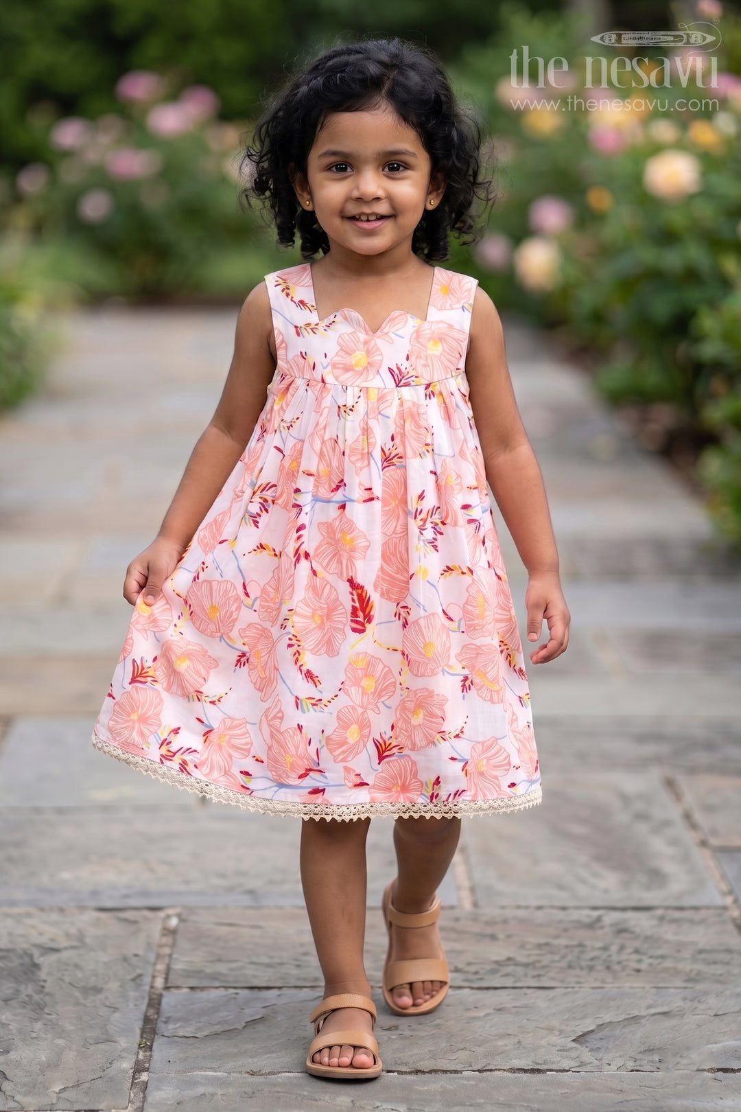 The Nesavu Girls Cotton Frock Girls Cotton Frocks Online for Kids in Sleeveless Style with Pink Floral Digital Print Nesavu 16 (1Y) / Pink GFC1749A-16 Cotton Frocks Online Kids Sleeveless Floral Style Lace Hem Gathered Waist | The Nesavu
