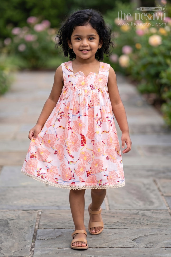 The Nesavu Girls Cotton Frock Girls Cotton Frocks Online for Kids in Sleeveless Style with Pink Floral Digital Print Nesavu 16 (1Y) / Pink GFC1749A-16 Cotton Frocks Online Kids Sleeveless Floral Style Lace Hem Gathered Waist | The Nesavu